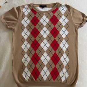 Burberry Tan and Red Argyle Knit Top
